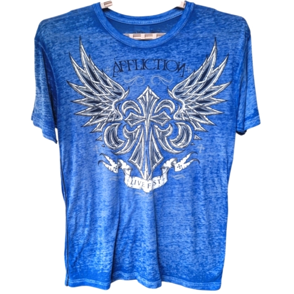 Affliction Live Fast Graphic Burn Out T-Shirt Blue Cross Wings Size 2X